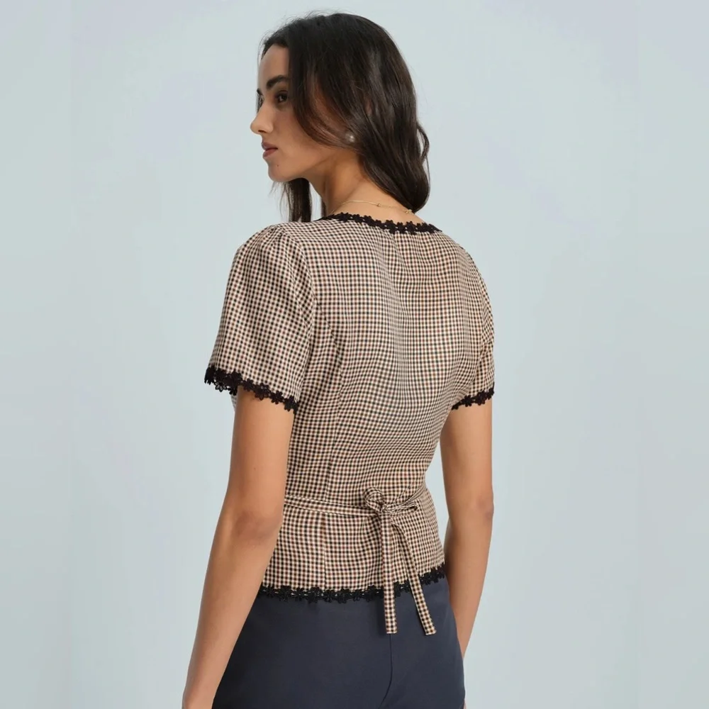 Coffee Square Neck Plaid Blouse - Picture 3 of 9